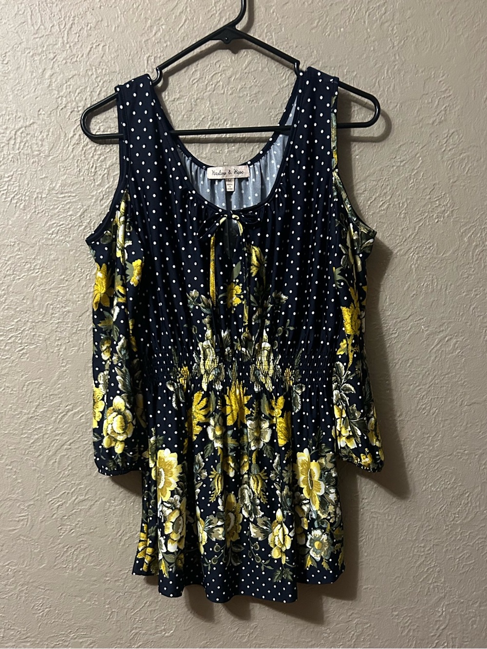 Navy Cold-Shoulder Floral Polka Dot Tunic Top - Yellow Floral